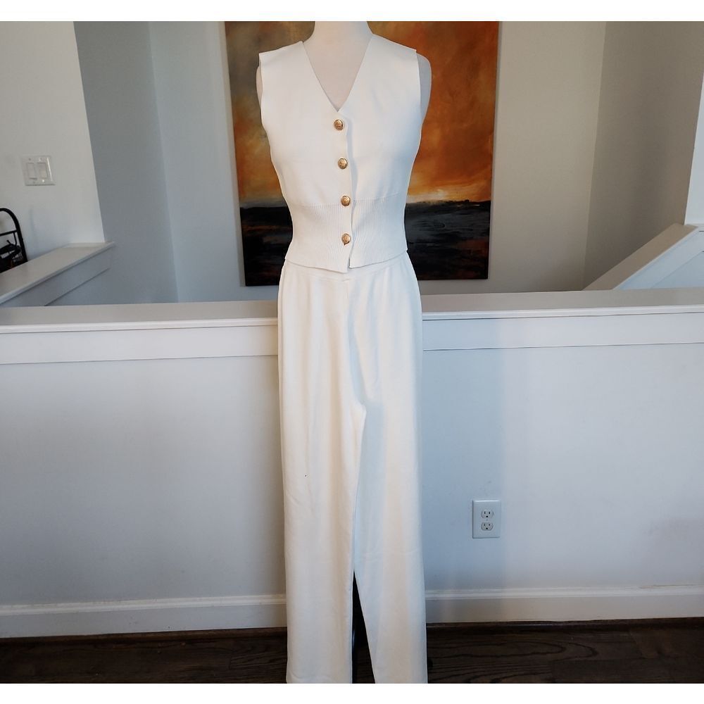RIVIR Knit White Button-Down Top With Matching Pant Size S. NWOT